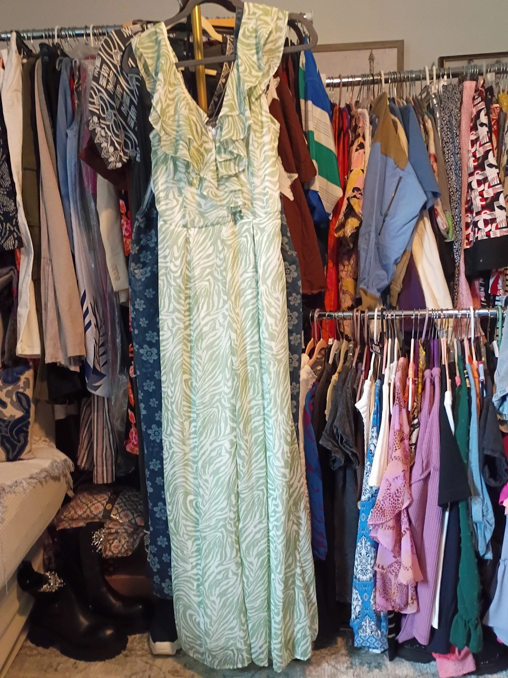 Lulu's Light Green Zebra-Print Ruffle Wide Leg Jumpsuit